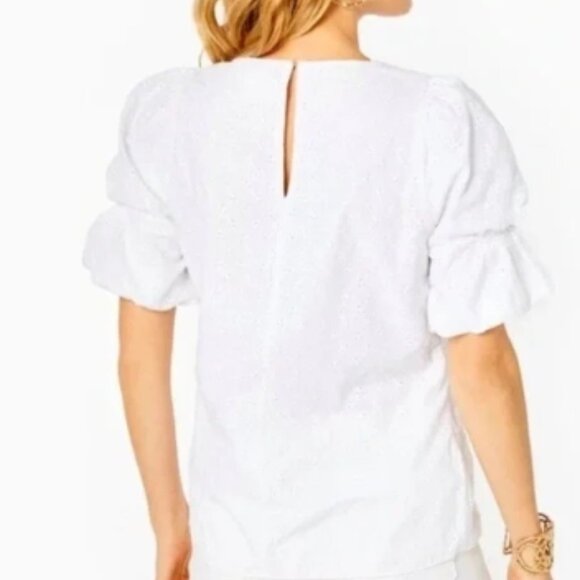 Lilly Pulitzer White Ditsy Vine Eyelet Short Puff Sleeved XL Blouse 🆕📦⌚🏃💨⚡🚚 - Picture 4 of 16